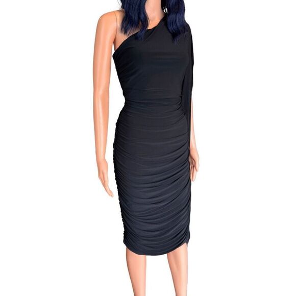 NWT Club L London Yara Black One Shoulder Cape Ruched Midi Dress - Picture 6 of 7